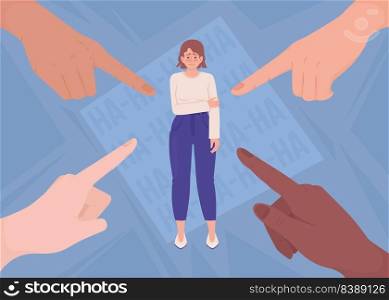 Ashamed woman and pointing hands flat color vector illustration. Condemnation. Mental disorder stigmatization. Fully editable 2D simple cartoon character with text on background. Bebas Neue font used. Ashamed woman and pointing hands flat color vector illustration