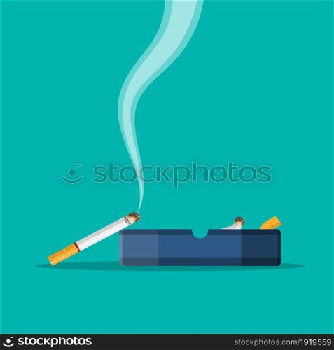 ashtray full of smokes cigarettes. Crockery for smoking. Side view. Vector illustration in flat style. White ceramic ashtray full of smokes cigarettes.