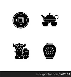 Asia black glyph icons set on white space. Ancient Chinese coin. Tea set for ceremony. Cantonese opera. Traditional porcelain and ceramics. Silhouette symbols. Vector isolated illustration. Asia black glyph icons set on white space