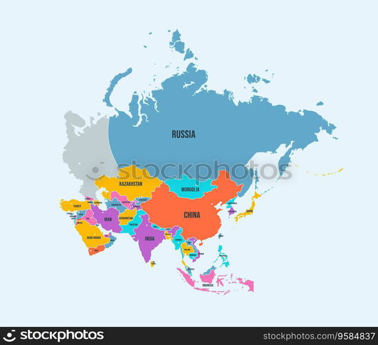 Asia continent political map. Tapestry of Asia with country borders and names isolated vector 