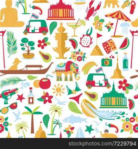 Asia Culture - Bangkok Thailand Vector Illustration. Asia Culture set of bruight icons in seamless pattern - Bangkok Thailand Vector Illustration on white background.