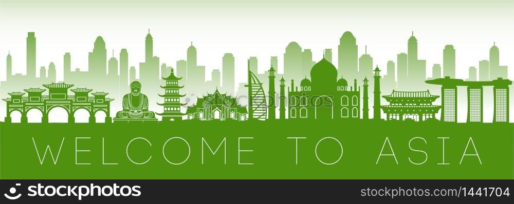 Asia famous landmark green silhouette design,vector illustration