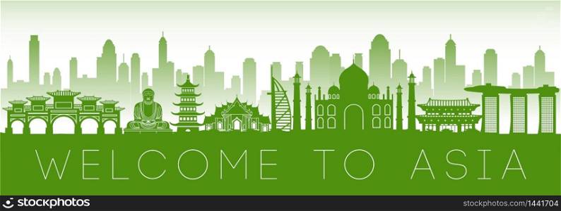 Asia famous landmark green silhouette design,vector illustration