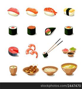 Asia food icon set with sushi rolls sashimi noodle miso isolated vector illustration