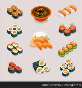 Asia food icons. Rolls and sushi, miso soup and sashimi. Restaurant and tasty menu, japanese or chinese nutrition, vector illustration. Asia food icons. Rolls sushi, miso soup and sashimi