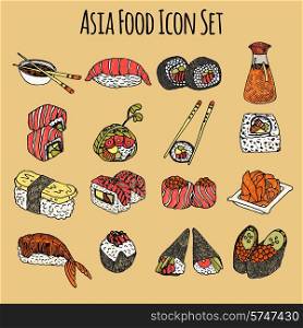 Asia food sketch decorative icon colored set with sushi and rolls isolated vector illustration