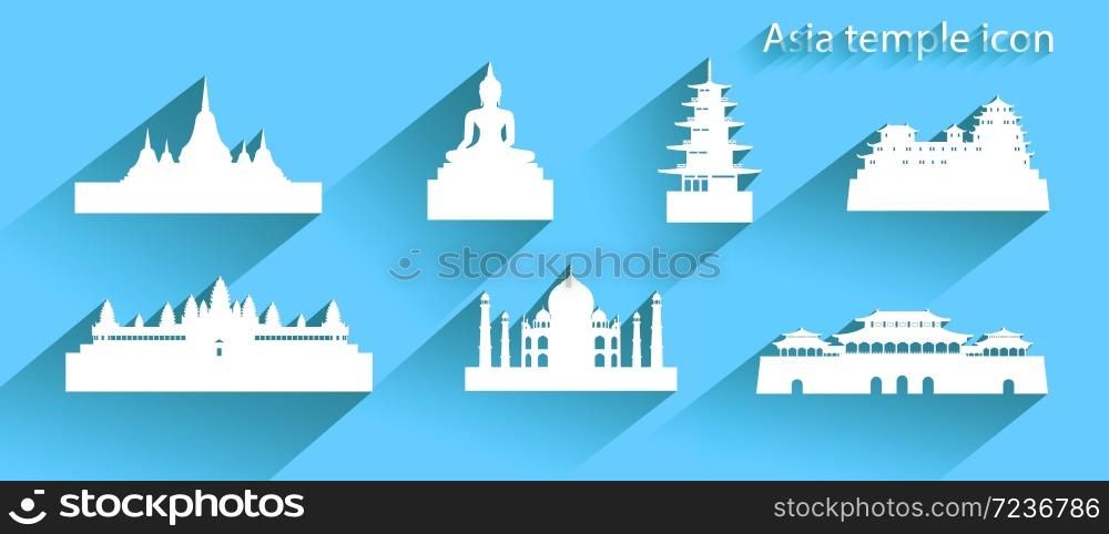 Asia icon or symbol with long shadow, Travel banner Taj mahal, Himeji Castle and iconic modern building merlion all in silhouette style on blue background, Modern design by vector illustration