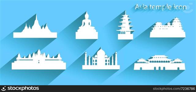 Asia icon or symbol with long shadow, Travel banner Taj mahal, Himeji Castle and iconic modern building merlion all in silhouette style on blue background, Modern design by vector illustration