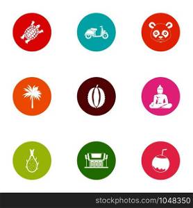 Asia inventory icons set. Flat set of 9 asia inventory vector icons for web isolated on white background. Asia inventory icons set, flat style