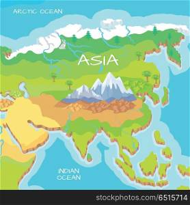 Asia Isometric Map with Natural Attractions. Asia isometric map with natural attractions. Cartography nature concept. Geographical map with local relief. Asia largest, most populous continent, located in eastern and northern hemispheres. Vector
