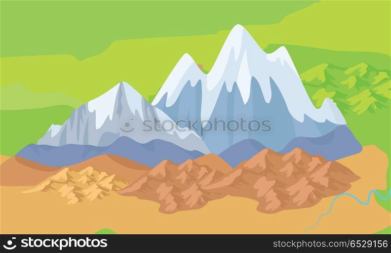 Asia Mountains on Map Significant Mountain Ranges. Asia mountains on the map. Significant mountain ranges stretch across Asia. Altai, Ghats, Himalayas, Kunlun, Tian Shan, Ural and Zagros Mountains. Mountain chain icon. Vector design illustration