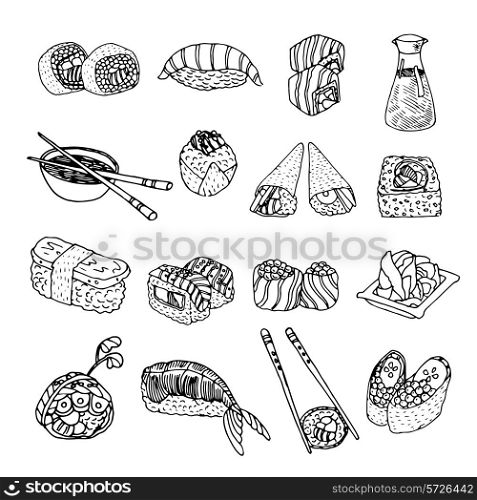 Asia seafood cuisine menu fish and shellfish dishes elements symbols graphic icons set abstract isolated vector illustration