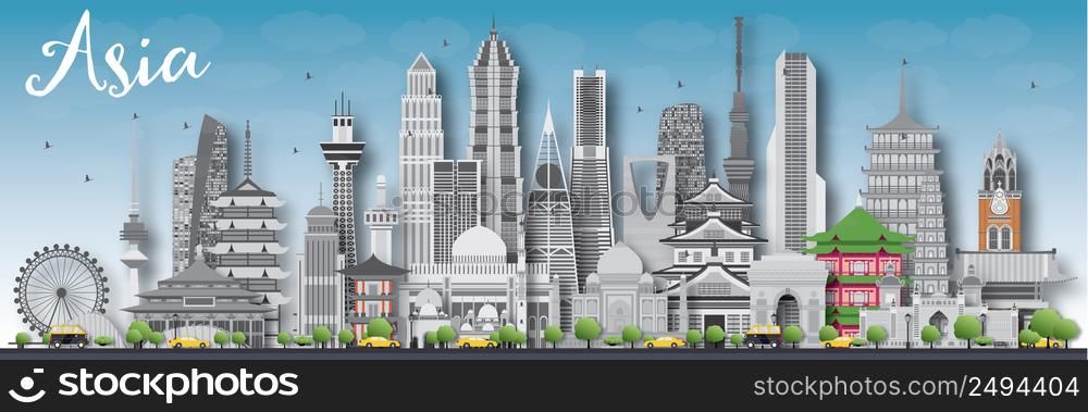 Asia skyline silhouette with different landmarks. Vector illustration. Business travel and tourism concept with place for text. Image for presentation, banner, placard and web site.