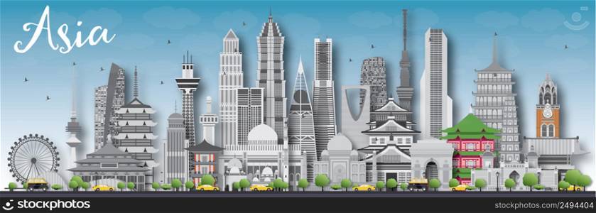 Asia skyline silhouette with different landmarks. Vector illustration. Business travel and tourism concept with place for text. Image for presentation, banner, placard and web site.