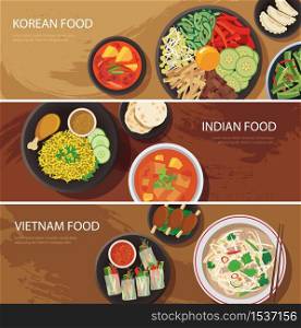 asia street food web banner , korean food , indian food , vietnam food flat design