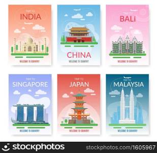 Asia travel. Exotic tour beautiful landmarks, historical city buildings and constructions. Tourist excursion postcards, discover southeast journey countries, east architecture posters. Vector card set. Asia travel. Exotic tour beautiful landmarks, historical city buildings. Tourist excursion postcards, discover southeast journey countries, east architecture posters. Vector card set