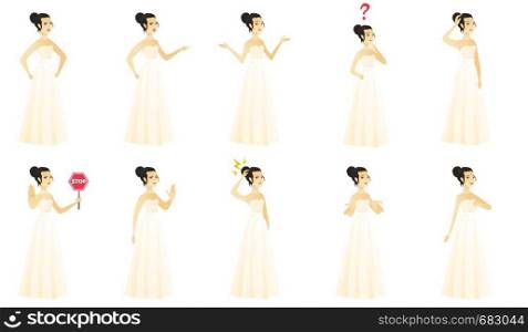 Asian angry bride screaming. Full length of angry bride in a white dress clenching fists. Angry bride shouting with raised fists. Set of vector flat design illustrations isolated on white background.. Vector set of illustrations with bride character.
