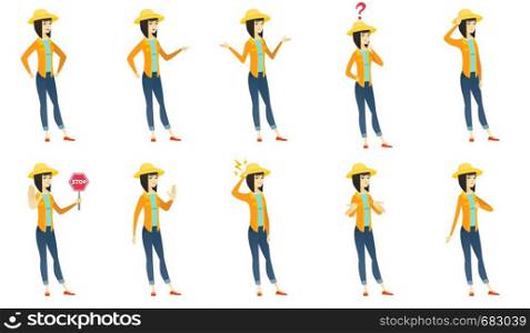Asian angry farmer in summer hat screaming. Full length of angry farmer clenching fists. Angry farmer shouting with raised fists. Set of vector flat design illustrations isolated on white background.. Vector set of illustrations with farmer characters