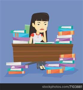 Asian annoyed student studying hard before the exam. Young angry student studying with textbooks. Bored student studying in the library. Vector flat design illustration. Square layout.. Student sitting at the table with piles of books.