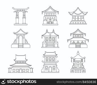 Asian architecture. Traditional chinese building japanese pagoda roof corean oriental travel concept pictures garish vector linear asian set. Illustration of asian building architecture line art. Asian architecture. Traditional chinese building japanese pagoda roof corean oriental travel concept pictures garish vector linear asian set