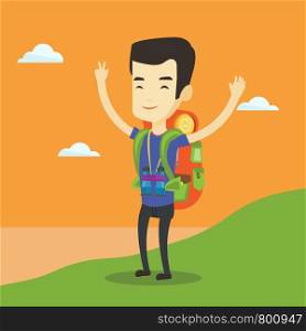 Asian backpacker standing on the cliff and celebrating success. Young happy backpacker with raised hands enjoying the scenery. Man hiking in mountains. Vector flat design illustration. Square layout.. Backpacker with his hands up enjoying the scenery.
