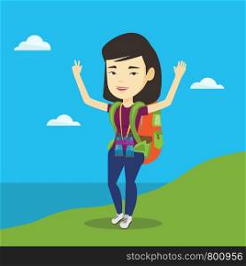 Asian backpacker standing on the cliff and celebrating success. Young happy backpacker with raised hands enjoying the scenery. Woman hiking in mountains. Vector flat design illustration. Square layout. Backpacker with her hands up enjoying the scenery.