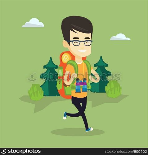 Asian backpacker with backpack and binoculars walking outdoor. Young backpacker hiking in the forest during trip. Happy backpacker traveling in nature. Vector flat design illustration. Square layout.. Man with backpack hiking vector illustration.