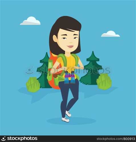 Asian backpacker with backpack and binoculars walking outdoor. Young backpacker hiking in the forest during trip. Happy backpacker traveling in nature. Vector flat design illustration. Square layout.. Woman with backpack hiking vector illustration.