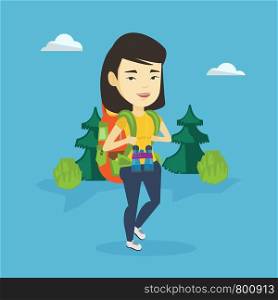 Asian backpacker with backpack and binoculars walking outdoor. Young backpacker hiking in the forest during trip. Happy backpacker traveling in nature. Vector flat design illustration. Square layout.. Woman with backpack hiking vector illustration.