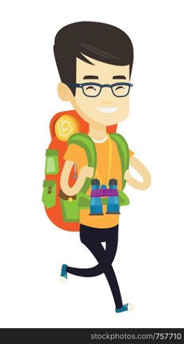 Asian backpacker with backpack and binoculars walking outdoor. Young backpacker hiking during summer trip. Happy backpacker traveling. Vector flat design illustration isolated on white background.. Man with backpack hiking vector illustration.