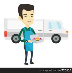 Asian baker delivering cakes. Delivery courier holding box of cakes. Young man with cupcakes standing on the background of delivery truck. Vector flat design illustration isolated on white background.. Delivery man holding a box of cakes.