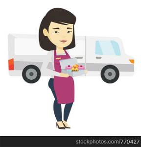 Asian baker delivering cakes. Delivery courier holding box of cakes. Woman with cupcakes standing on the background of delivery truck. Vector flat design illustration isolated on white background.. Delivery woman holding a box of cakes.