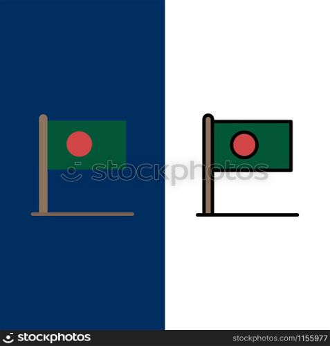 Asian, Bangla, Bangladesh, Country, Flag Icons. Flat and Line Filled Icon Set Vector Blue Background