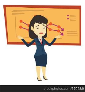 Asian bankrupt standing on the background of decreasing chart. Young bankrupt business woman with spread arms. Business bankruptcy concept. Vector flat design illustration isolated on white background. Bankrupt business woman vector illustration.