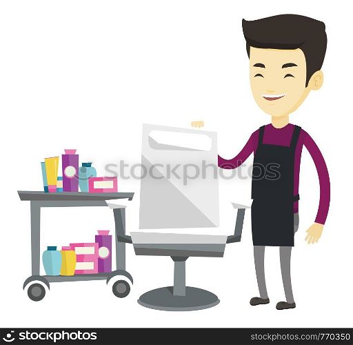 Asian barber standing near armchair and table with cosmetics in barber shop. Professional barber standing at workplace in barber shop. Vector flat design illustration isolated on white background.. Hairdresser at workplace in barber shop.