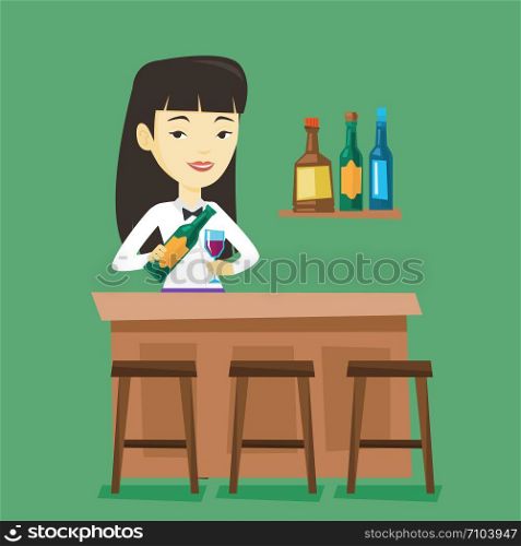 Asian bartender at work. Adult bartender standing at the bar counter. Bartender with bottle and glass in hands. Bartender pouring wine in a glass. Vector flat design illustration. Square layout.. Bartender standing at the bar counter.