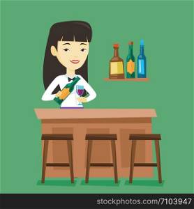 Asian bartender at work. Adult bartender standing at the bar counter. Bartender with bottle and glass in hands. Bartender pouring wine in a glass. Vector flat design illustration. Square layout.. Bartender standing at the bar counter.