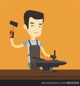 Asian blacksmith working metal with hammer on the anvil in the forge. Blacksmith at work in smithy. Blacksmith forging the molten metal on anvil. Vector flat design illustration. Square layout.. Blacksmith working metal with hammer on the anvil.