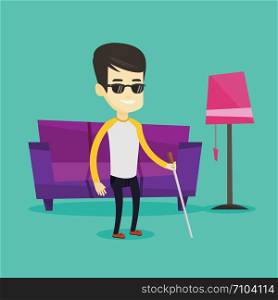 Asian blind man standing with walking stick at home. Young smiling blind man in dark glasses standing with cane at home. Blind man walking with stick. Vector flat design illustration. Square layout.. Blind man with stick vector illustration.