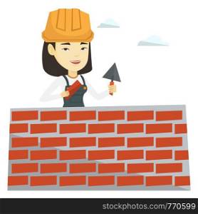 Asian bricklayer in uniform and hard hat. Bicklayer working with spatula and brick on construction site. Bicklayer building brick wall. Vector flat design illustration isolated on white background.. Bricklayer working with spatula and brick.