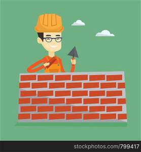 Asian bricklayer in uniform and hard hat. Young bicklayer working with spatula and brick on construction site. Happy bicklayer building brick wall. Vector flat design illustration. Square layout.. Bricklayer working with spatula and brick.