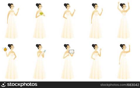Asian bride in white dress waving her hand. Full length of bride waving her hand. Bride making a greeting gesture - waving hand. Set of vector flat design illustrations isolated on white background.. Vector set of illustrations with bride character.