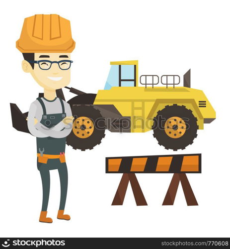 Asian builder standing on the background of construction site or road works. Builder standing with arms crossed. Young builder in hard hat. Vector flat design illustration isolated on white background. Confident builder with arms crossed.