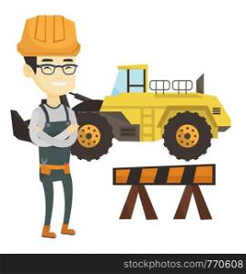 Asian builder standing on the background of construction site or road works. Builder standing with arms crossed. Young builder in hard hat. Vector flat design illustration isolated on white background. Confident builder with arms crossed.