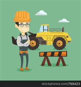 Asian builder standing on the background of construction site or road works. Young builder standing with arms crossed. Confident builder in hard hat. Vector flat design illustration. Square layout.. Confident builder with arms crossed.