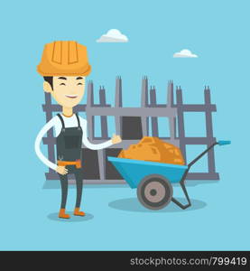 Asian builder with thumb up standing near wheelbarrow full of sand. Young builder in hard hat giving thumb up. Builder at work on construction site. Vector flat design illustration. Square layout.. Builder giving thumb up vector illustration.