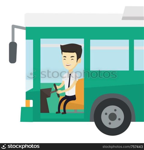 Asian bus driver sitting at steering wheel. Young driver driving passenger bus. Bus driver sitting in drivers seat in cab. Vector flat design illustration isolated on white background.. Asian bus driver sitting at steering wheel.