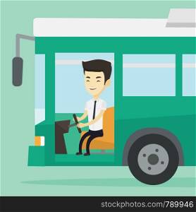 Asian bus driver sitting at steering wheel. Young driver driving passenger bus. Bus driver sitting in drivers seat in cab. Vector flat design illustration. Square layout.. Asian bus driver sitting at steering wheel.