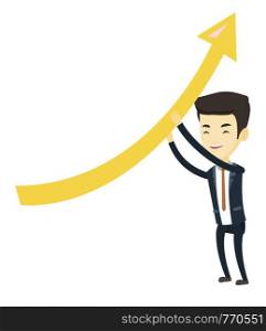 Asian business man changing the path of graph to a positive increase. Business man holding graph going up. Business man with growth graph. Vector flat design illustration isolated on white background.. Business man holding arrow going up.
