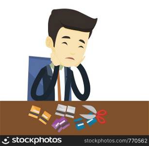 Asian business man cutting plastic card. Man sitting at the desk with cut plastic card. Business man cutting plastic card with scissors. Vector flat design illustration isolated on white background.. Business man bankrupt cutting his credit card.
